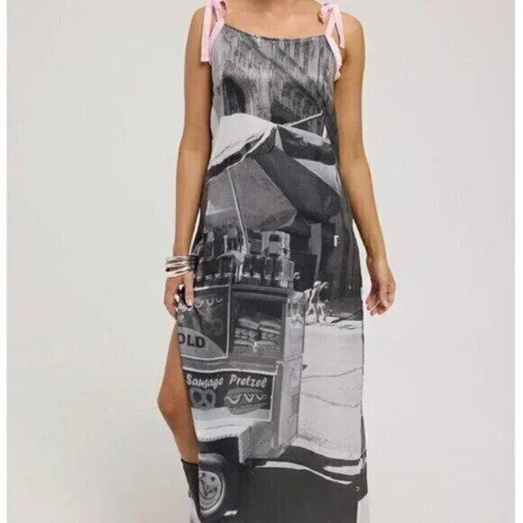 NWT Basic Pleasure Mode Bowtie City Print Satin Dress - Picture 1 of 14